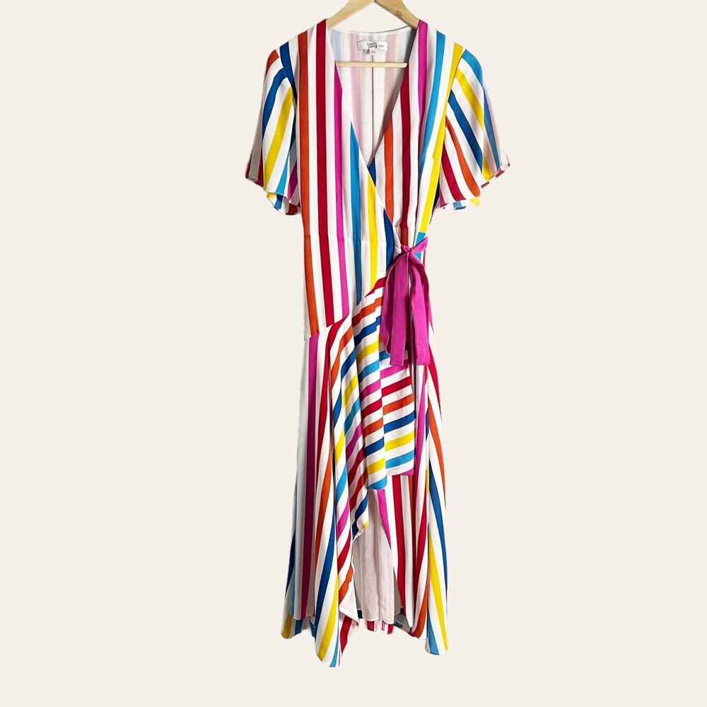 Color Me Courtney Taira Multicolor Striped Short Sleeve Wrap Midi Dress Size S - Picture 4 of 15